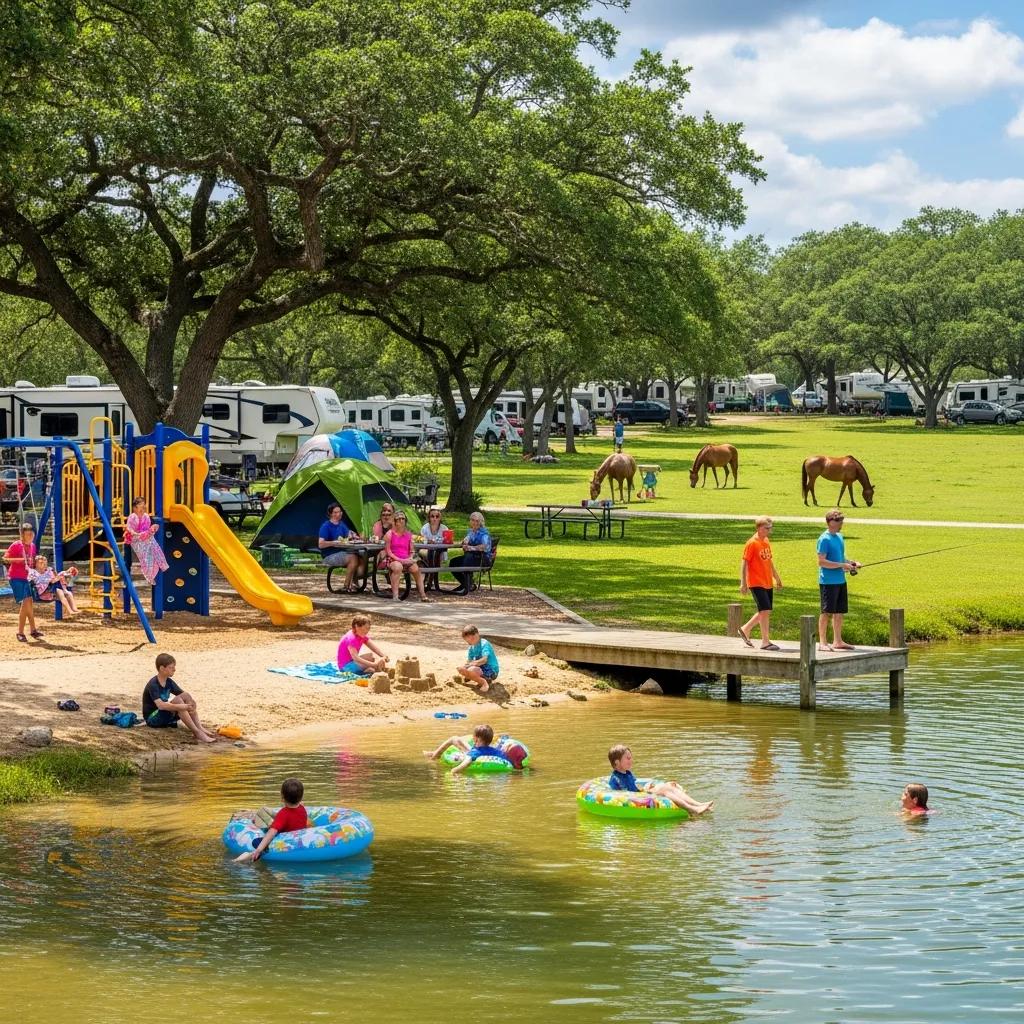 Families enjoying swimming, fishing, and playtime at The Oaks Campground