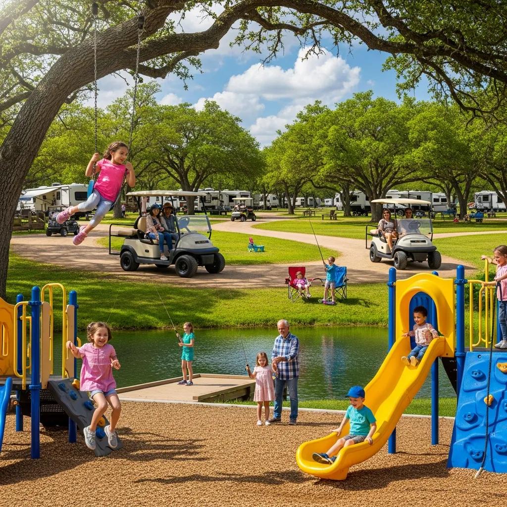 Families using playground and fishing pond at The Oaks Campground