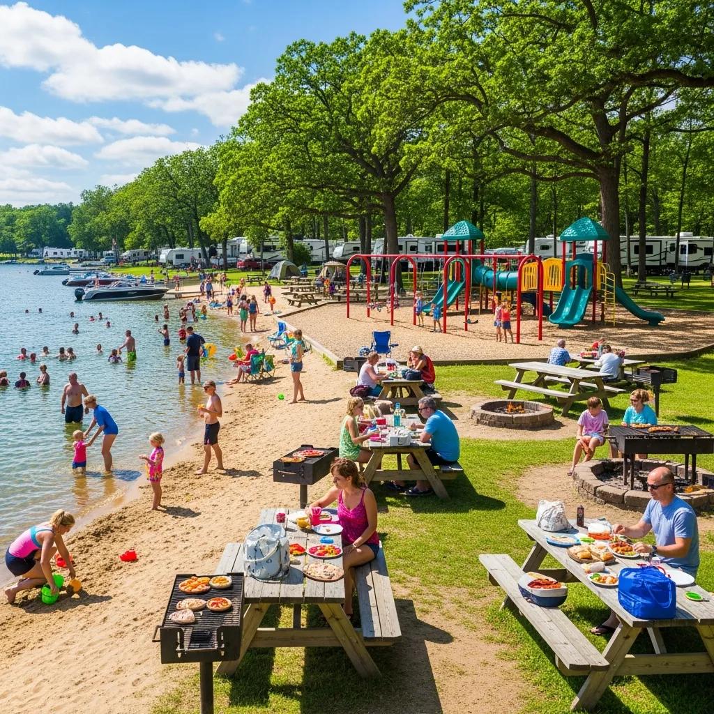 Families enjoying a sandy beach and playground at a Michigan lake campground