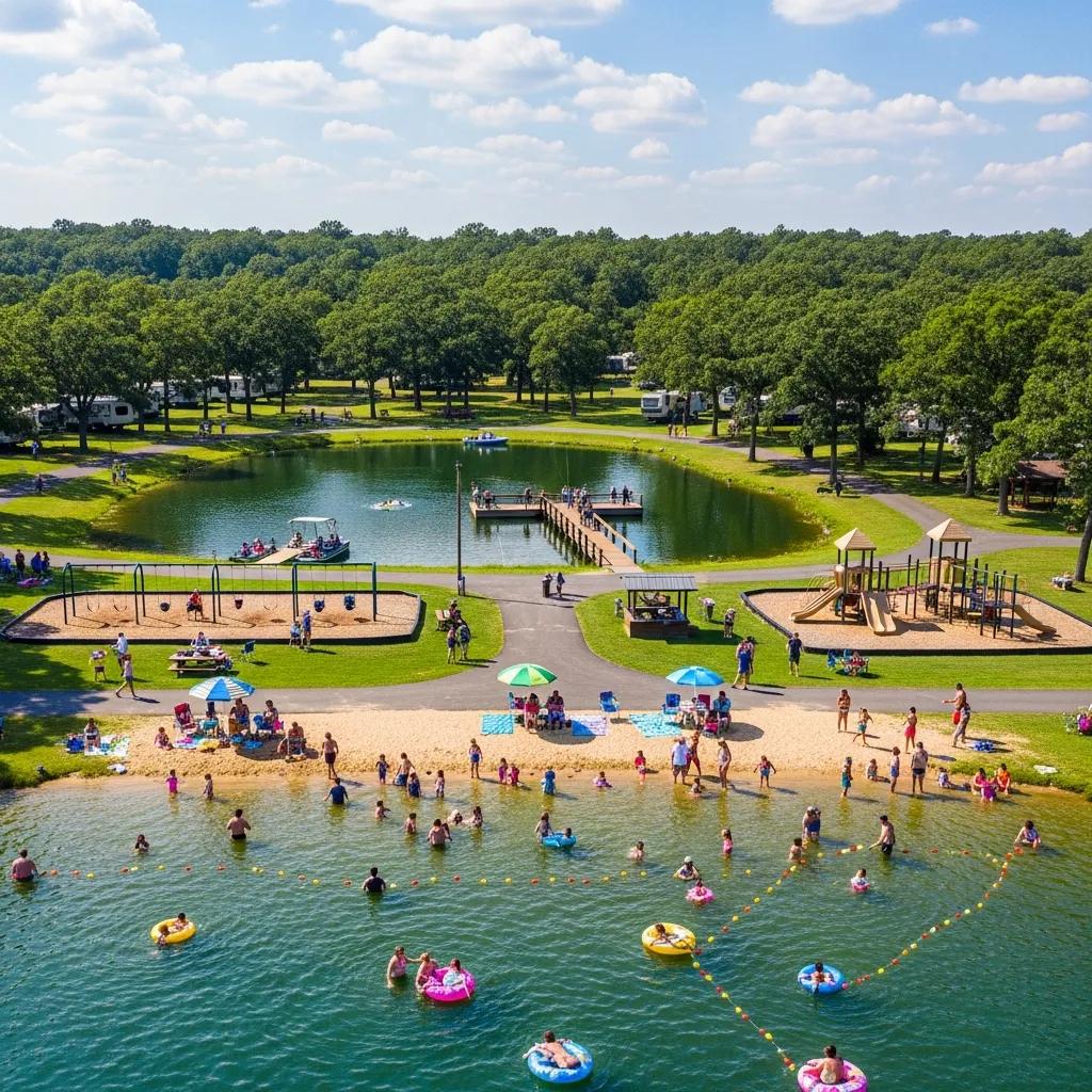 Families enjoying The Oaks Campground — swimming lake, fishing pond, and playgrounds for all ages