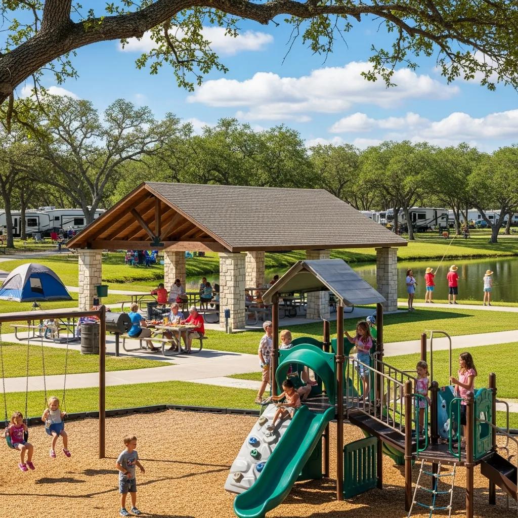 Children playing at a playground while parents fish at a nearby pond