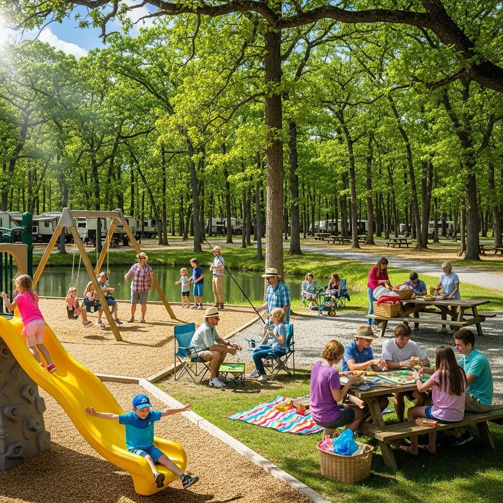 Families using playgrounds and a fishing pond at The Oaks Campground