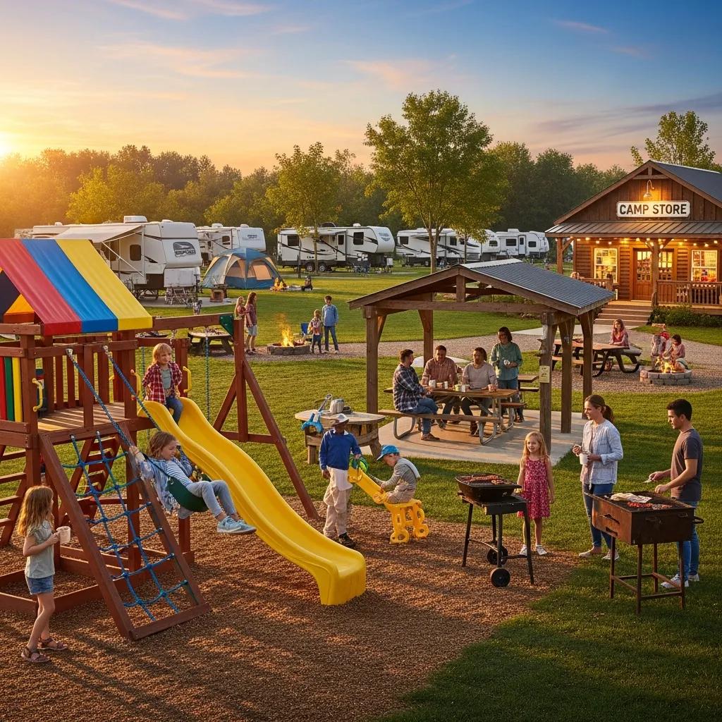 Children playing on a playground and families under a pavilion at a campground