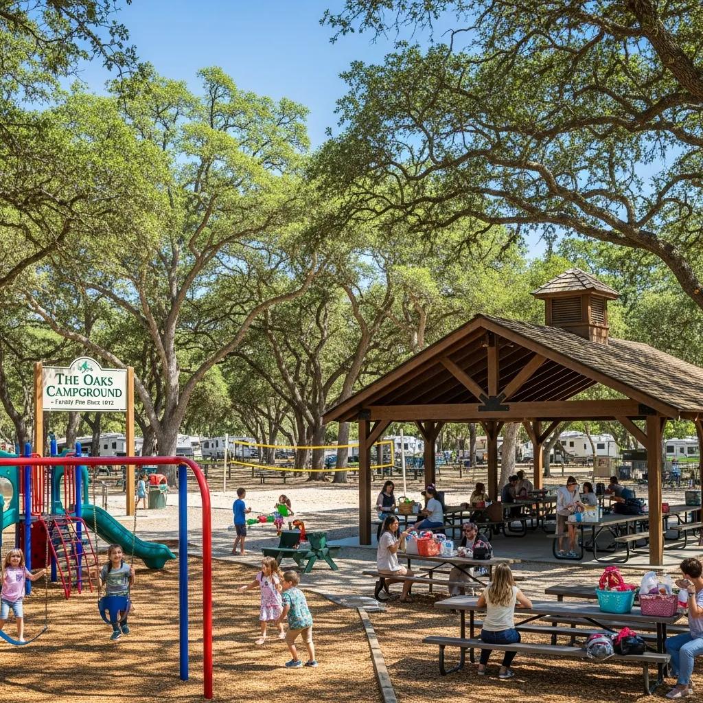 Families enjoying amenities at The Oaks Campground — playgrounds and picnic areas