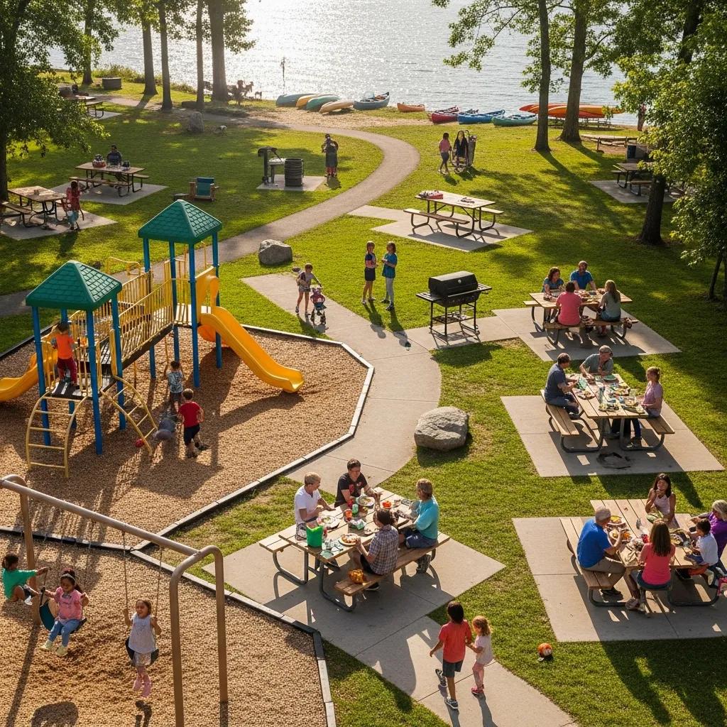 Playgrounds, picnic areas, and shaded pavilions near the water at The Oaks Campground