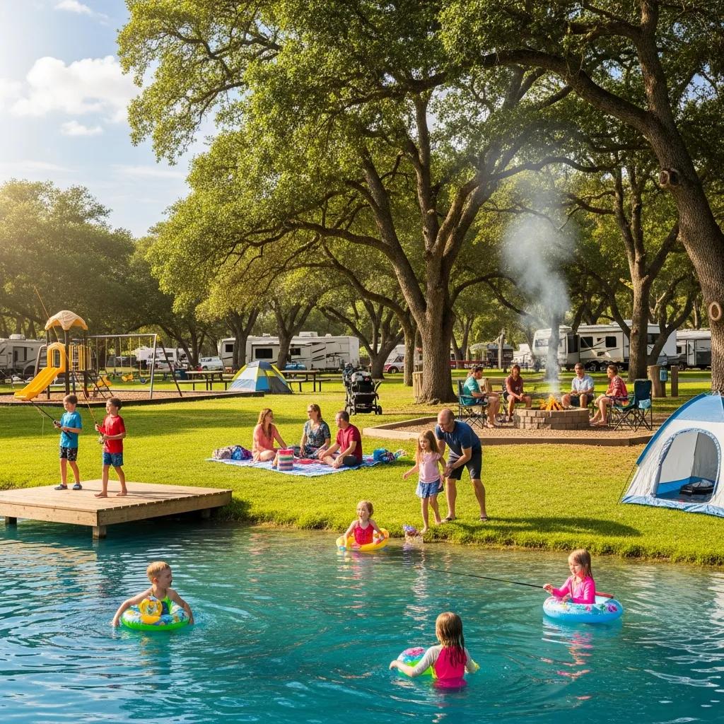Families enjoying a swimming lake, playground and fishing pond at The Oaks Campground
