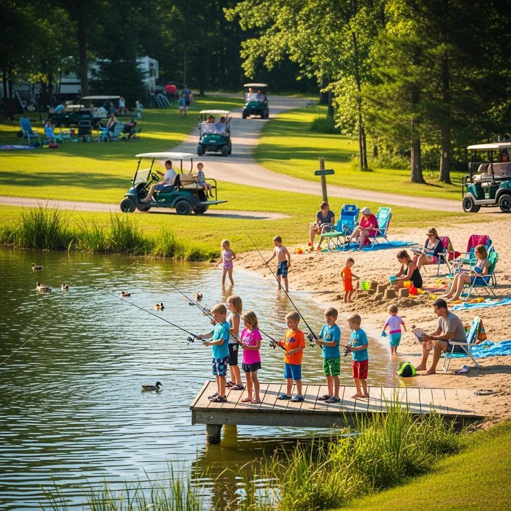 Families enjoying the playground and waterfront amenities at The Oaks Campground