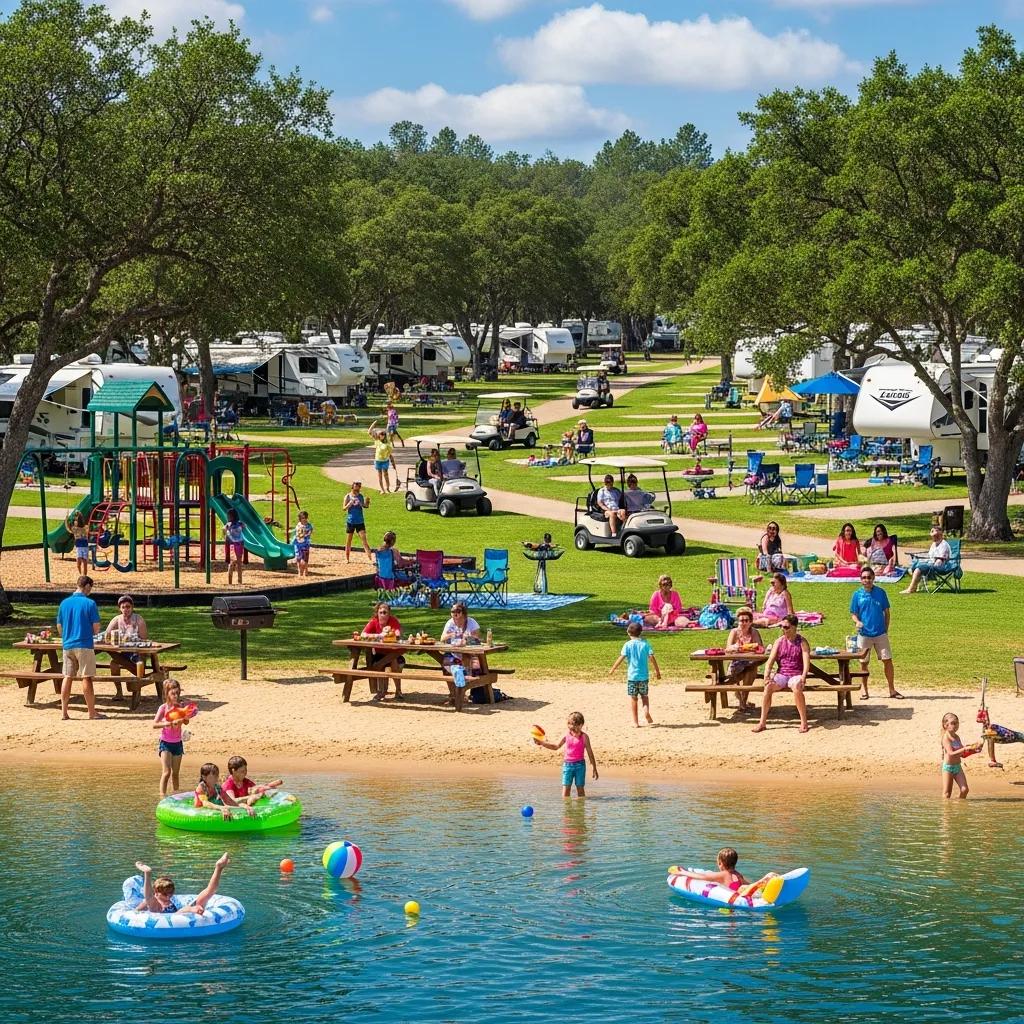 Families enjoying amenities and trails at The Oaks Campground near Waterloo