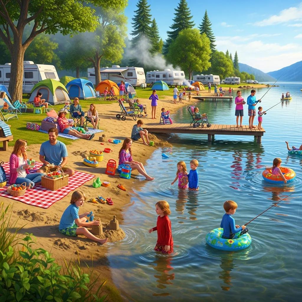 Families enjoying swimming and fishing at a lakefront campground