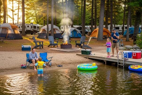 Families enjoying fishing and swimming at a lakeside campground in Michigan