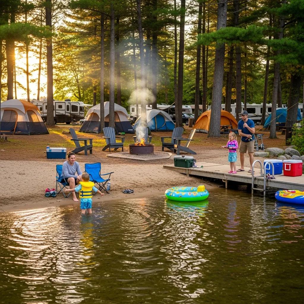 Families enjoying fishing and swimming at a lakeside campground in Michigan