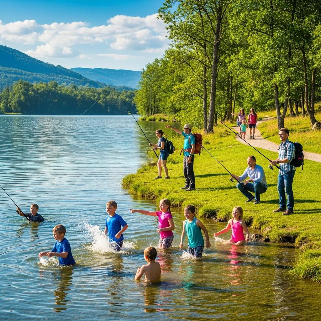 Families fishing, swimming, and hiking near lakeside campgrounds