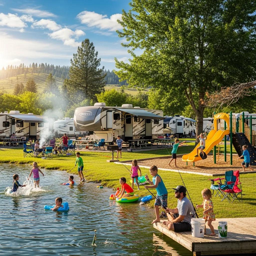 Families enjoying campground recreation — swimming, fishing, playgrounds, and trails for all ages