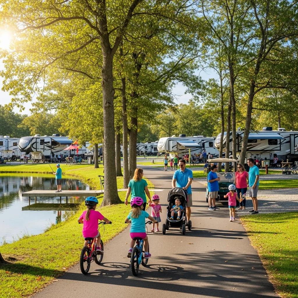 Families enjoying golf cart trails and recreational areas at an RV park