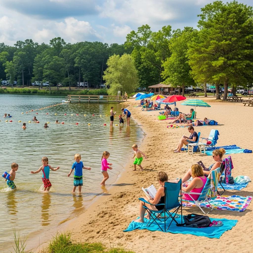 Kids building sandcastles and swimming at The Oaks Campground's family beach