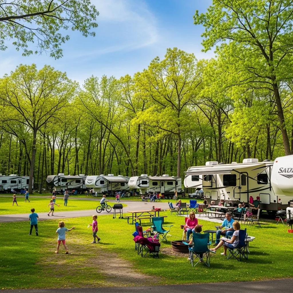 Families enjoying seasonal camping in Michigan with RVs in a lush campground