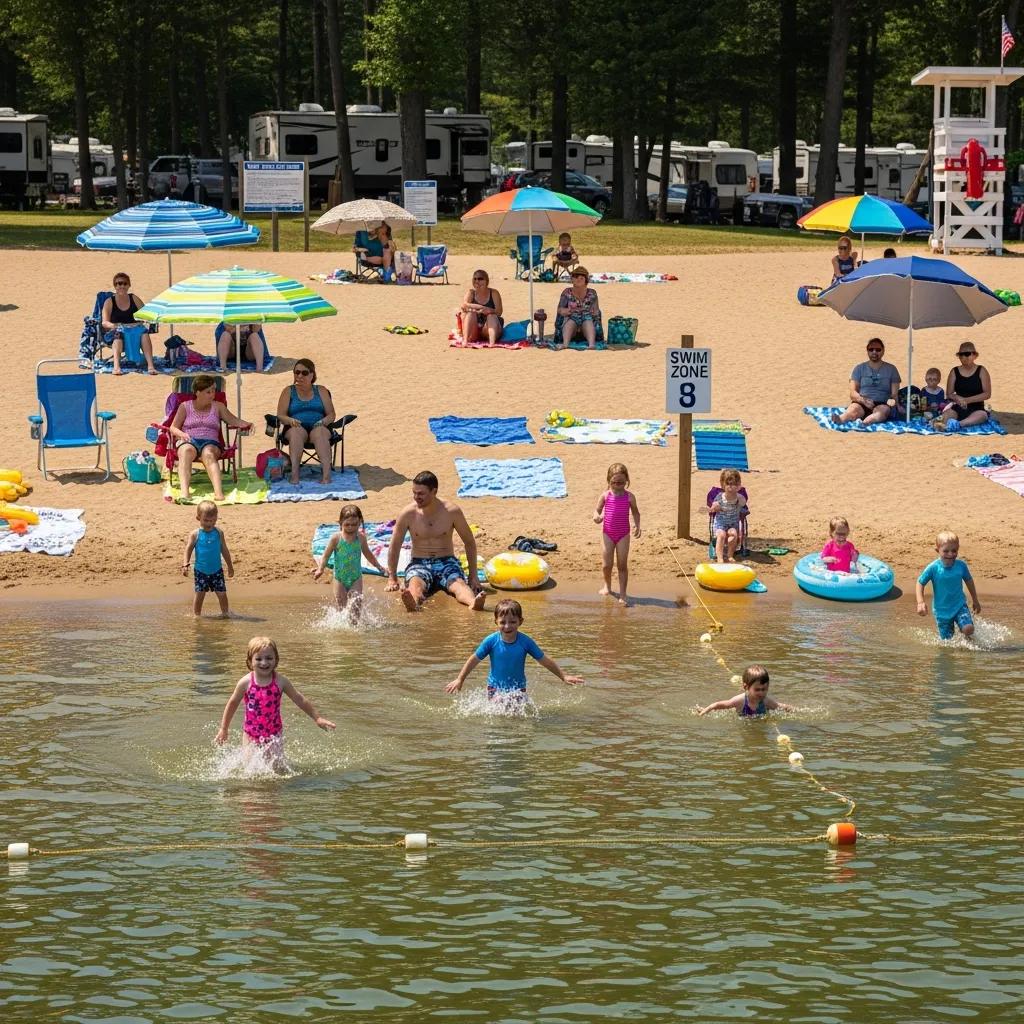 Families swimming and playing at a sandy campground beach in Michigan