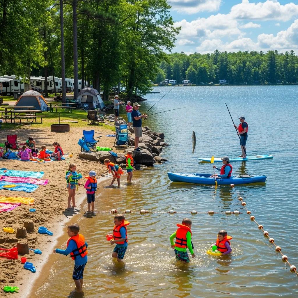 Families enjoying swimming, fishing, and kayaking at a campground