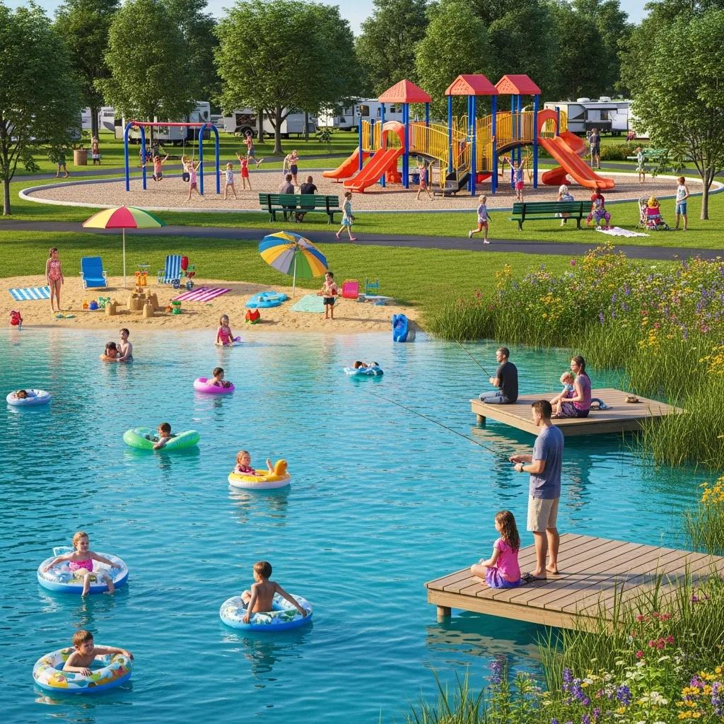 Families swimming, fishing, and playing at The Oaks Campground — showcasing its lake, pond, and playground areas