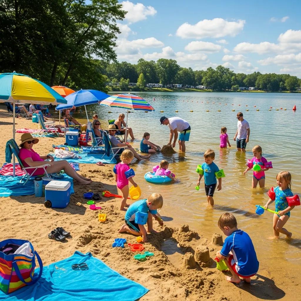 Families playing on the sandy beach and swimming at The Oaks Campground