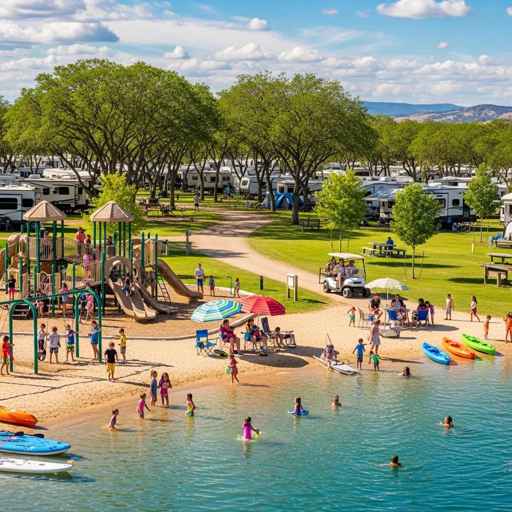 Families at The Oaks Campground enjoying a swimming lake, playgrounds, and outdoor space