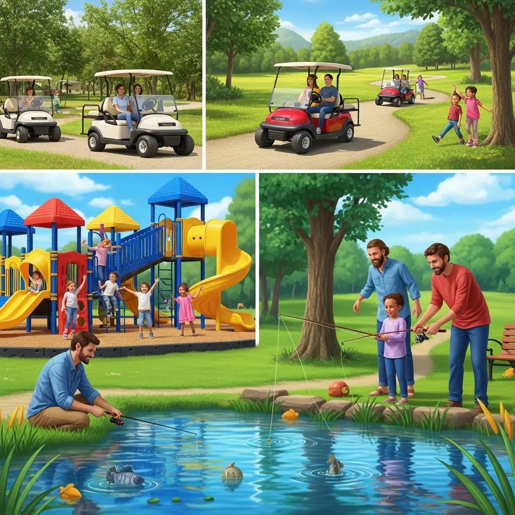 Families using The Oaks amenities: fishing at the pond, children on the playground, and a golf cart trail