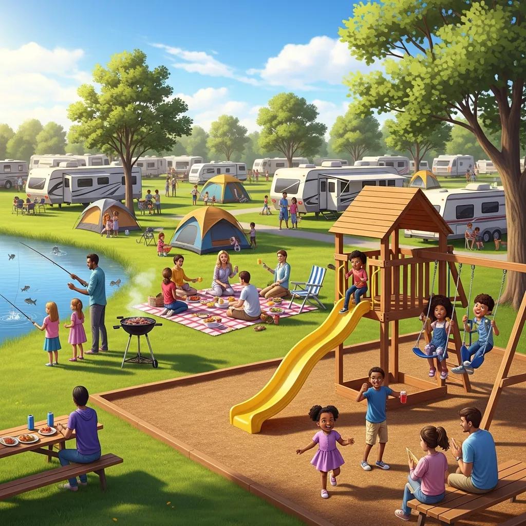 Families enjoying playgrounds, fishing and time together at The Oaks