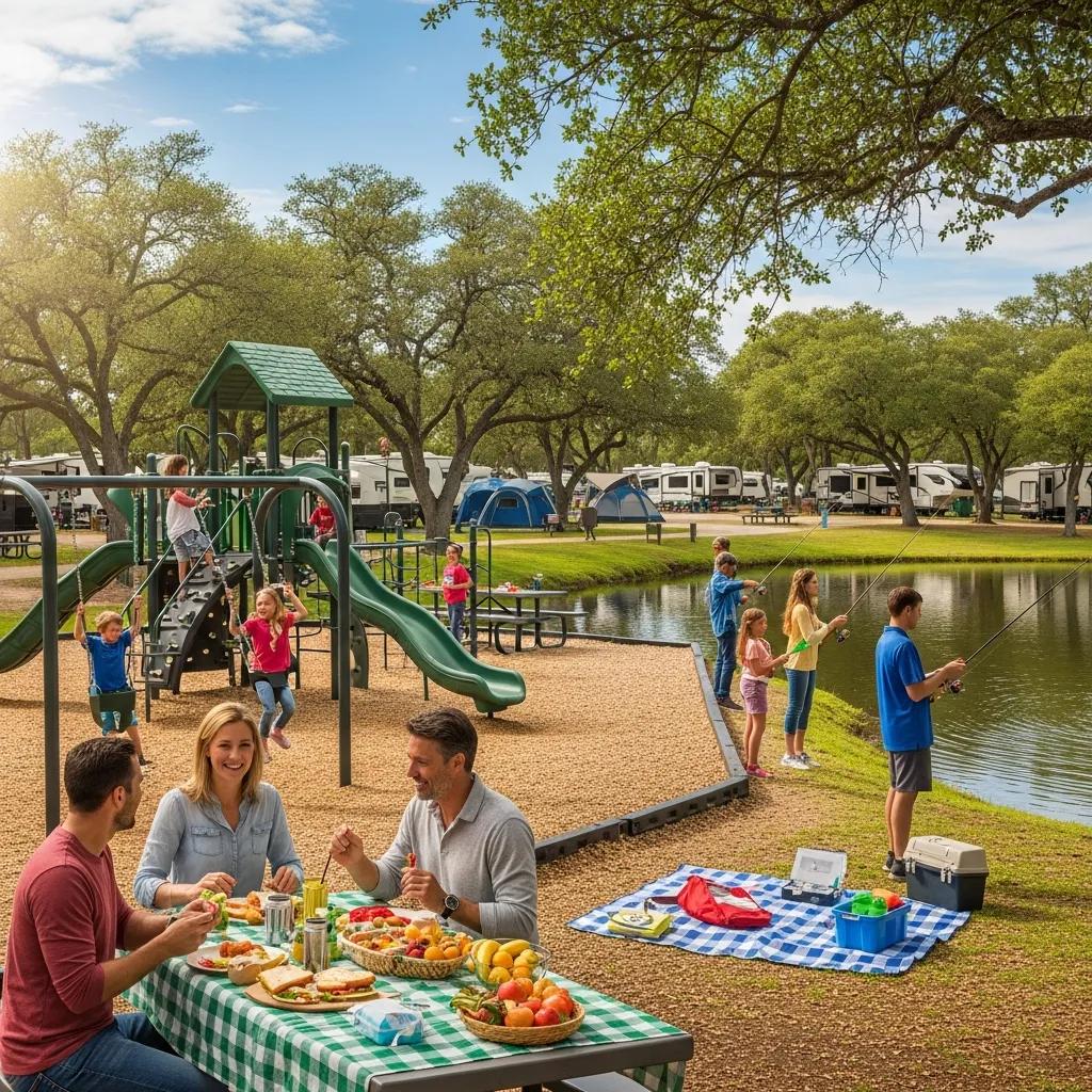 Children and parents fishing and playing at The Oaks Campground