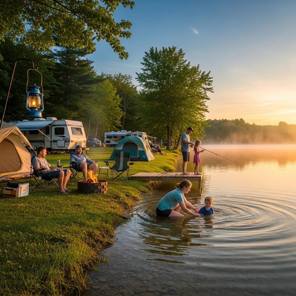 Families enjoying waterfront camping activities near Jackson, Michigan, highlighting the beauty of lakeside recreation