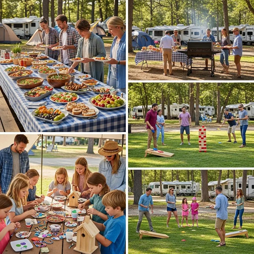 Families taking part in weekend campground activities like crafts and games