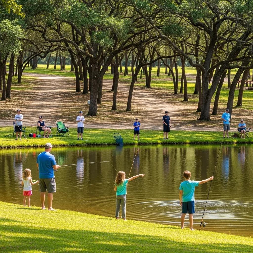 Families fishing at The Oaks Campground pond — natural amenities and family-friendly spaces