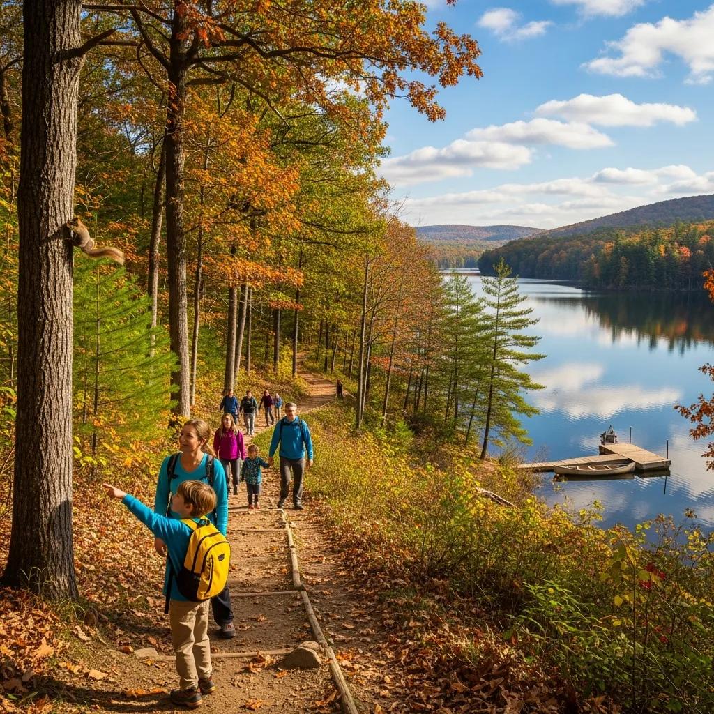 Families hiking scenic trails at Waterloo State Recreation Area, enjoying nature and outdoor adventure