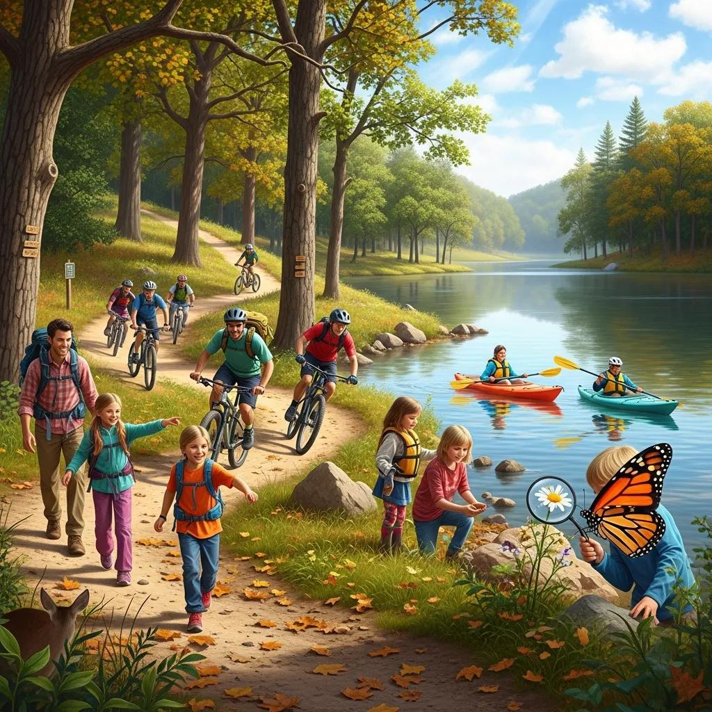Outdoor recreation at Waterloo State Recreation Area — families hiking, biking and paddling