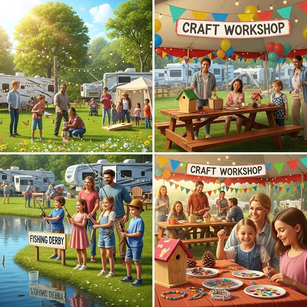 Families participating in community activities at a seasonal campground, including fishing and crafts