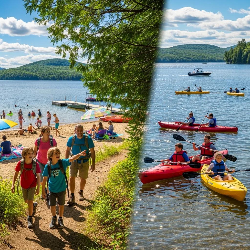 Family kayaking, hiking, and exploring shoreline near Portage Lake