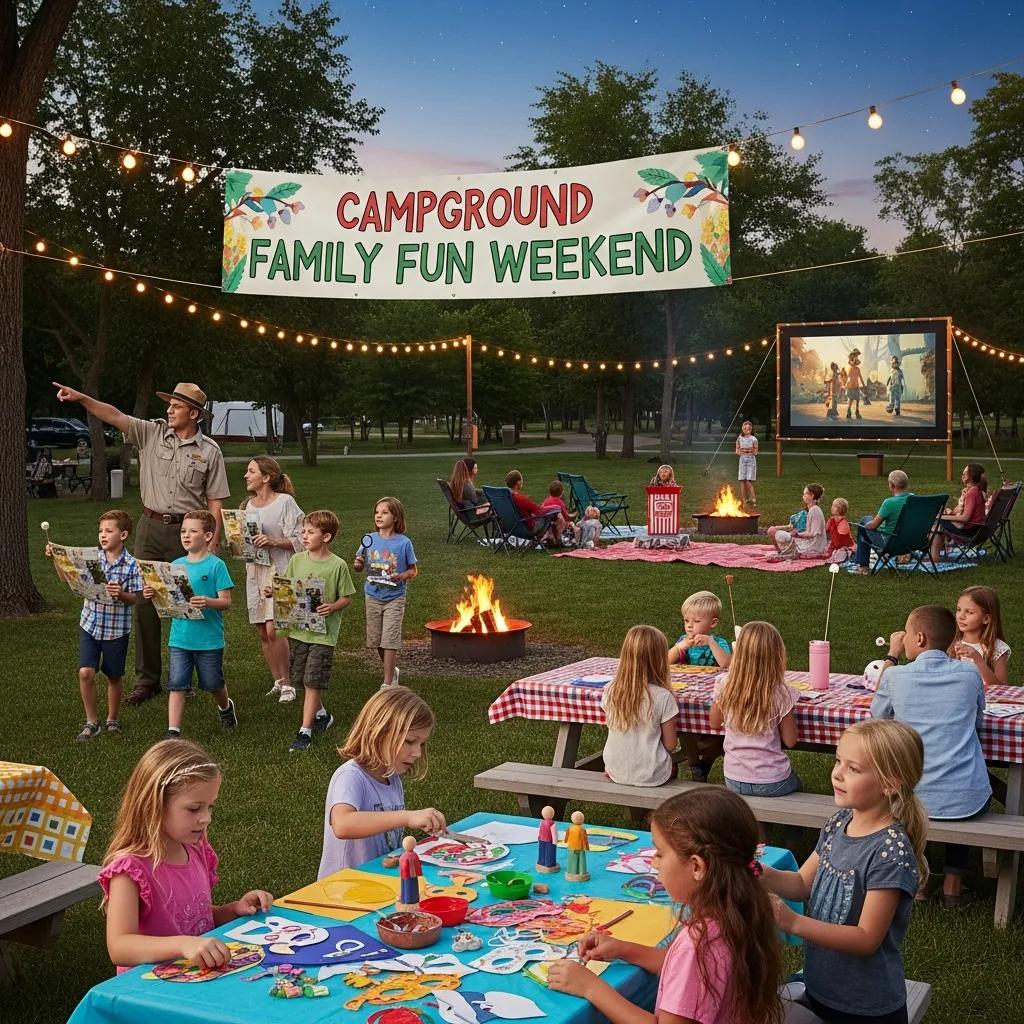 Families enjoying themed weekend activities at The Oaks Campground — crafts, scavenger hunts, and group games