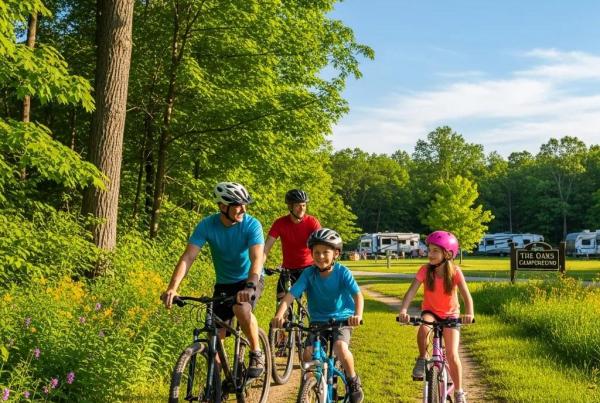 Family biking on a scenic trail near The Oaks Campground in Michigan, emphasizing outdoor adventure and family fun