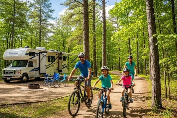 Family biking on scenic trails at an RV park in Michigan