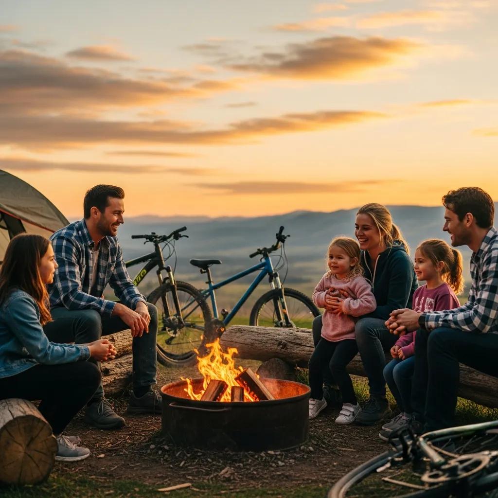 Family gathered at a campfire after a day of biking, sharing stories and relaxing