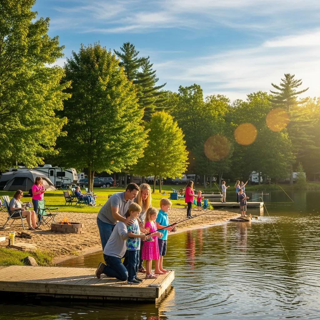 Family camping and fishing at a Michigan lake, highlighting outdoor activities and scenic beauty