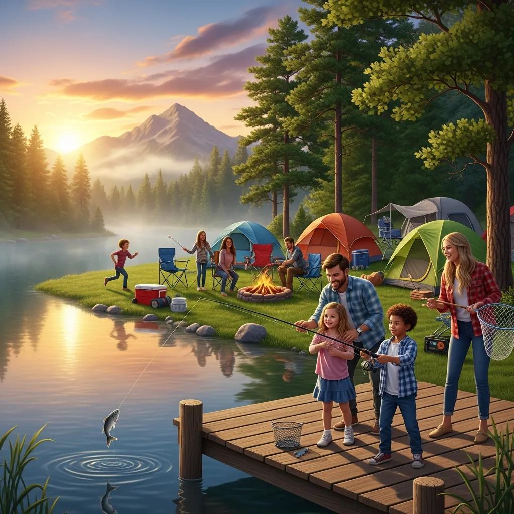Family camping and fishing scene near Waterloo Recreation Area, highlighting outdoor activities and natural beauty