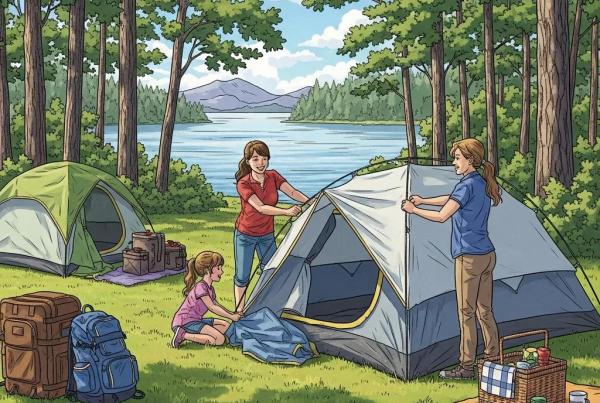 Family camping at a Michigan state park with a tent, trees, and a lake