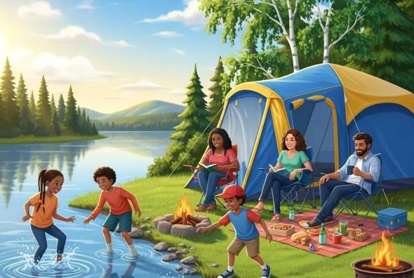 Family camping at Portage Lake with children playing by the water and a tent set up in a natural setting