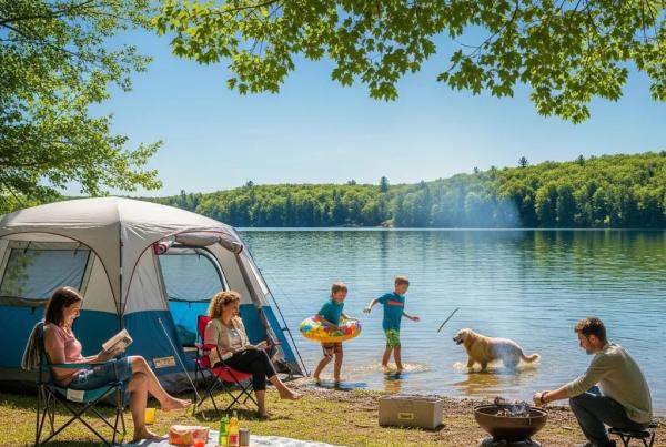 Family camping by a lake in Jackson Michigan, showcasing tents and children playing in the water