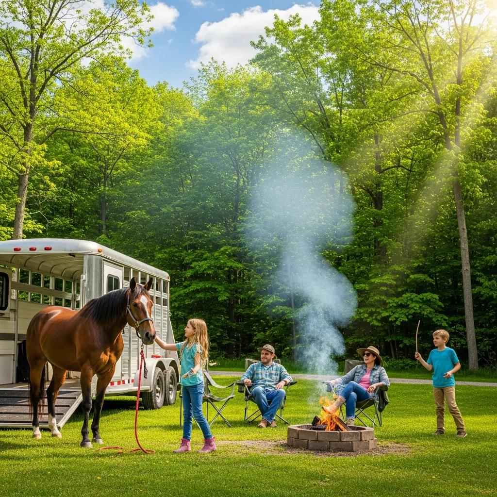Family camping in Michigan with a horse near lush trails, showcasing equestrian camping