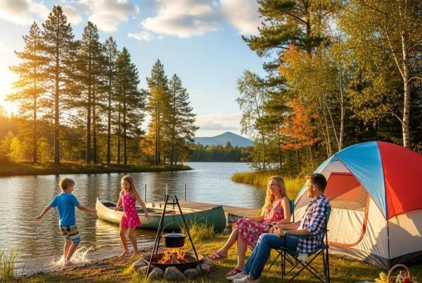 Family camping near a lake with children playing and a tent set up, showcasing outdoor adventure