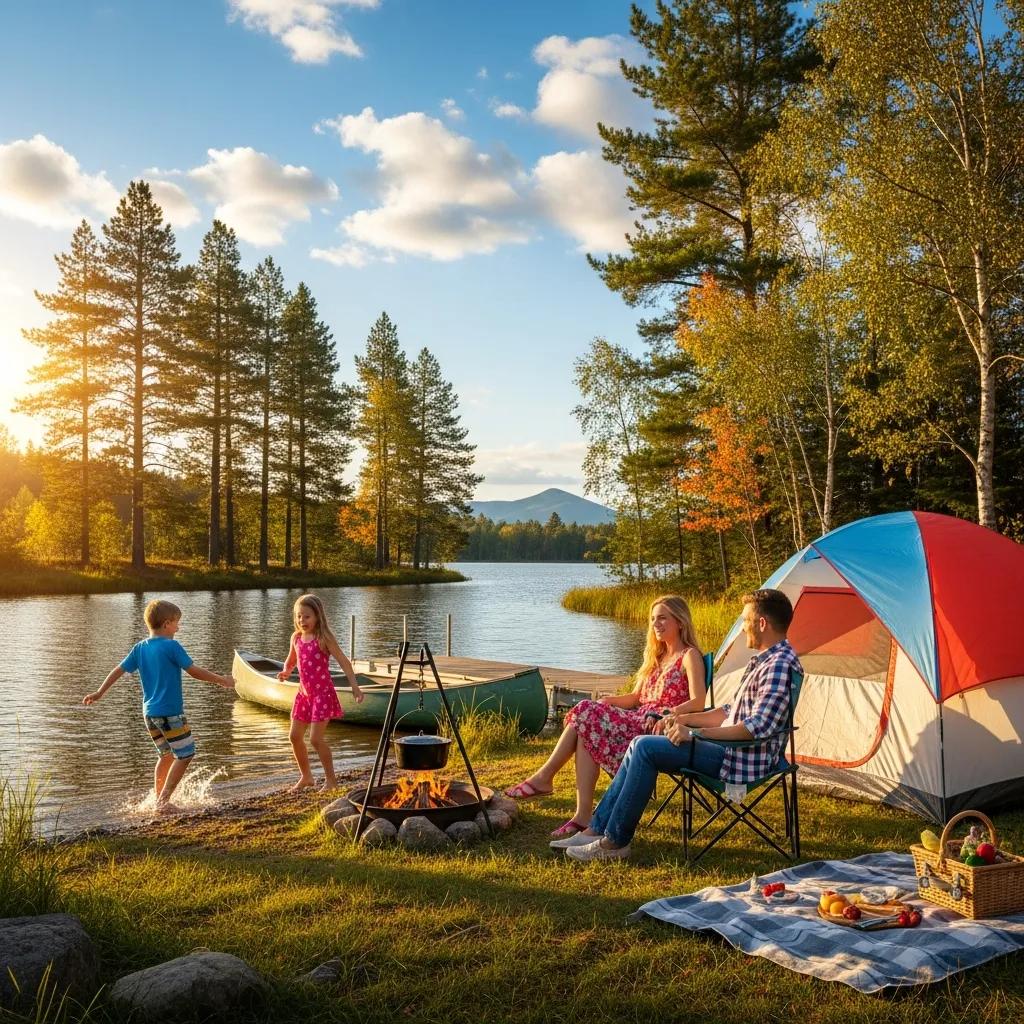 Family camping near a lake with children playing and a tent set up, showcasing outdoor adventure