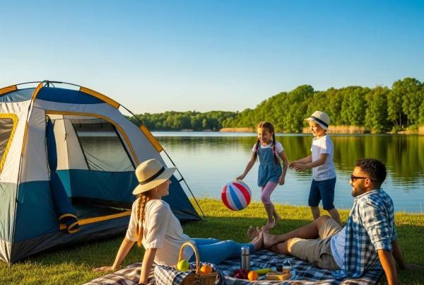 Family camping near a lake with children playing and parents relaxing