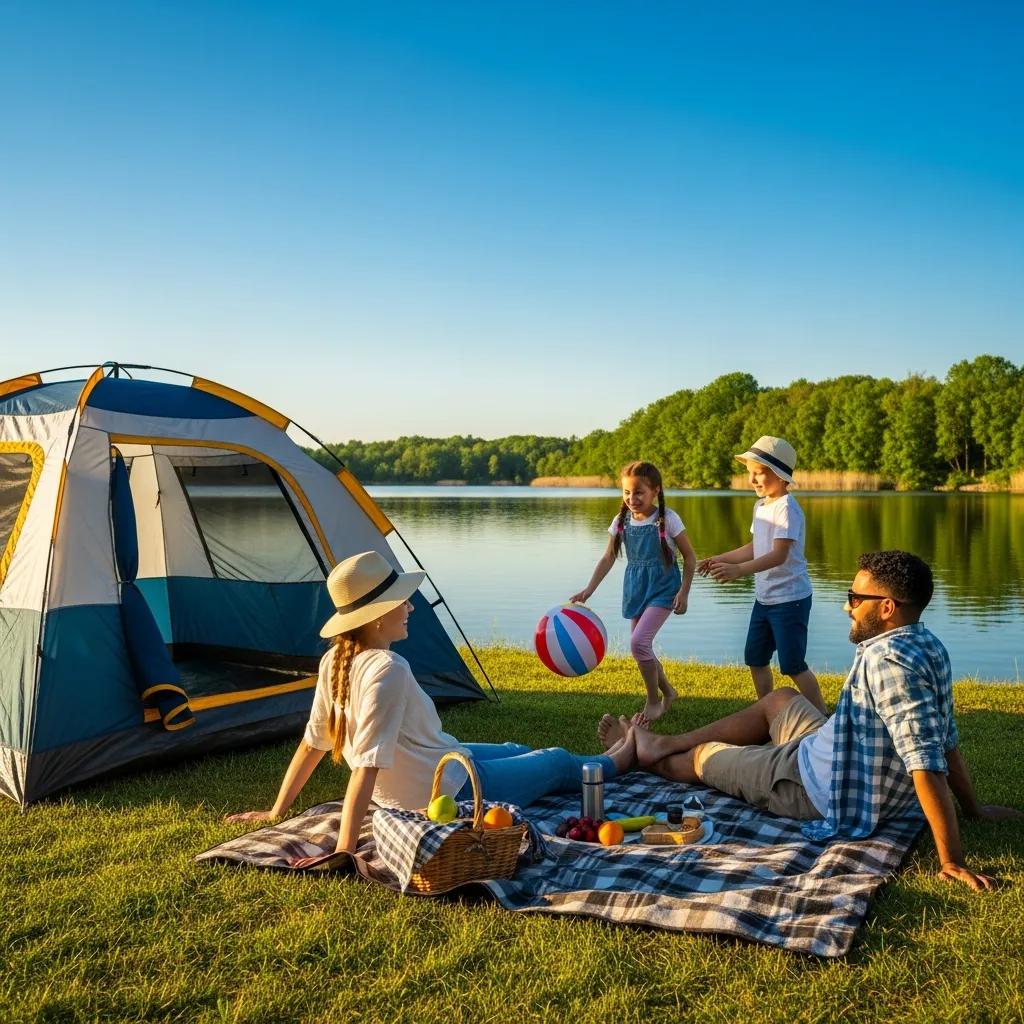 Family camping near a lake with children playing and parents relaxing