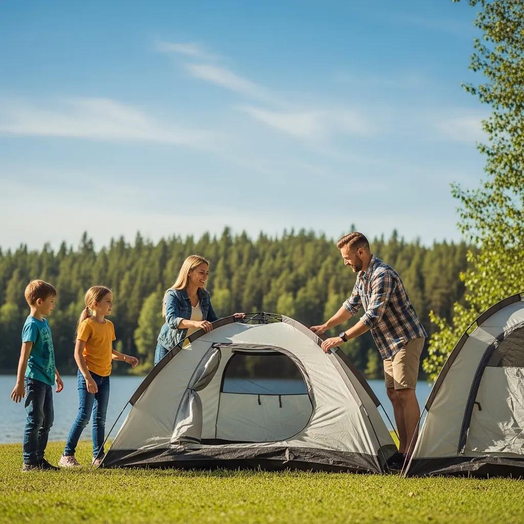 Family camping near a lake with children playing and parents setting up a tent